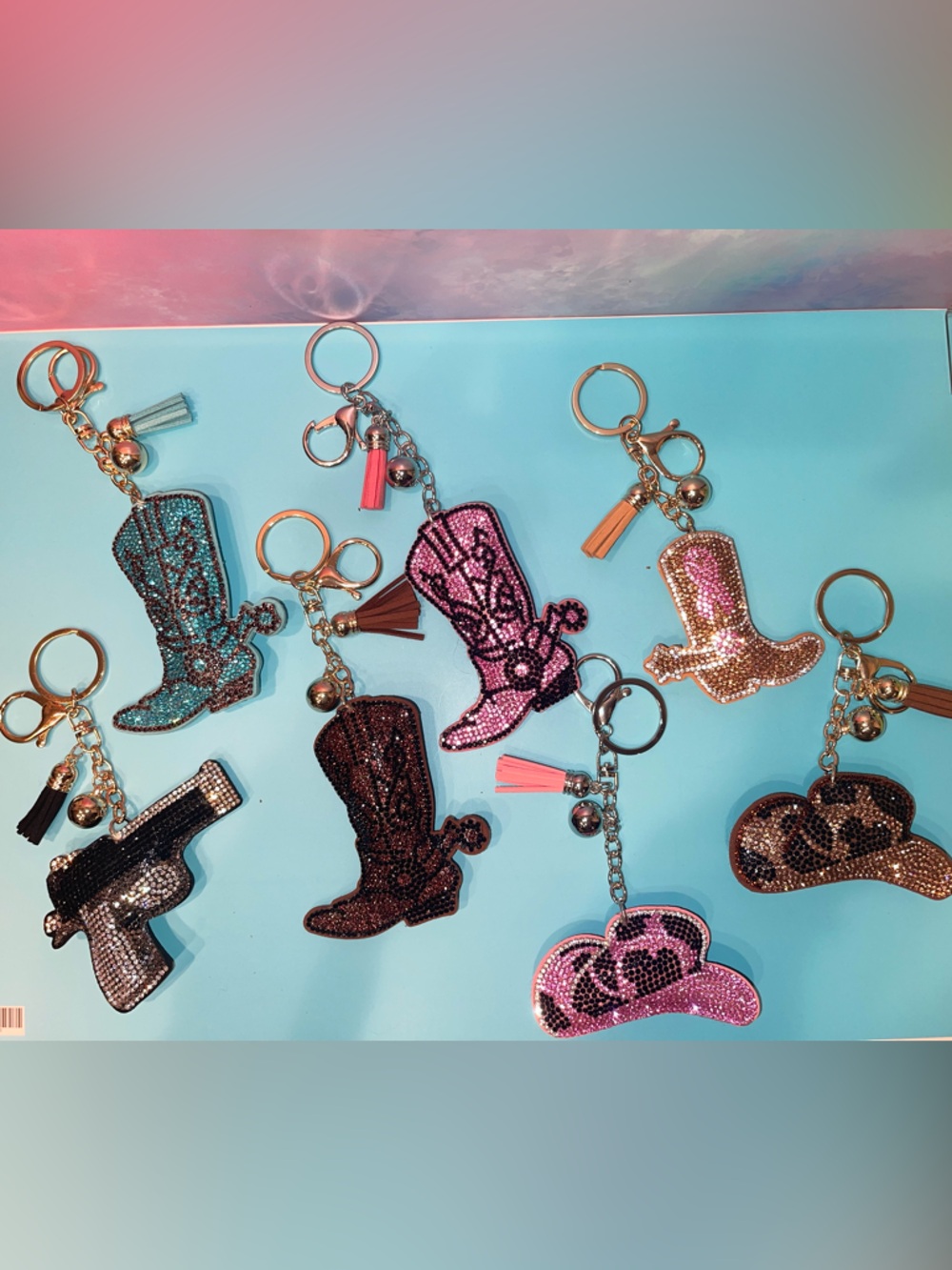 CHOICE OF Western Theme Rhinestone Keychain Bag Charm with Tassel